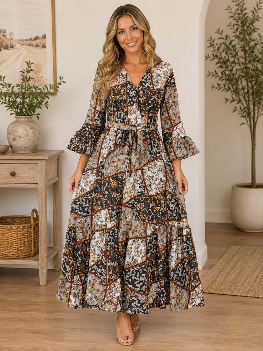 Boho Patchwork Floral Maxi Dress - Black/Neutral